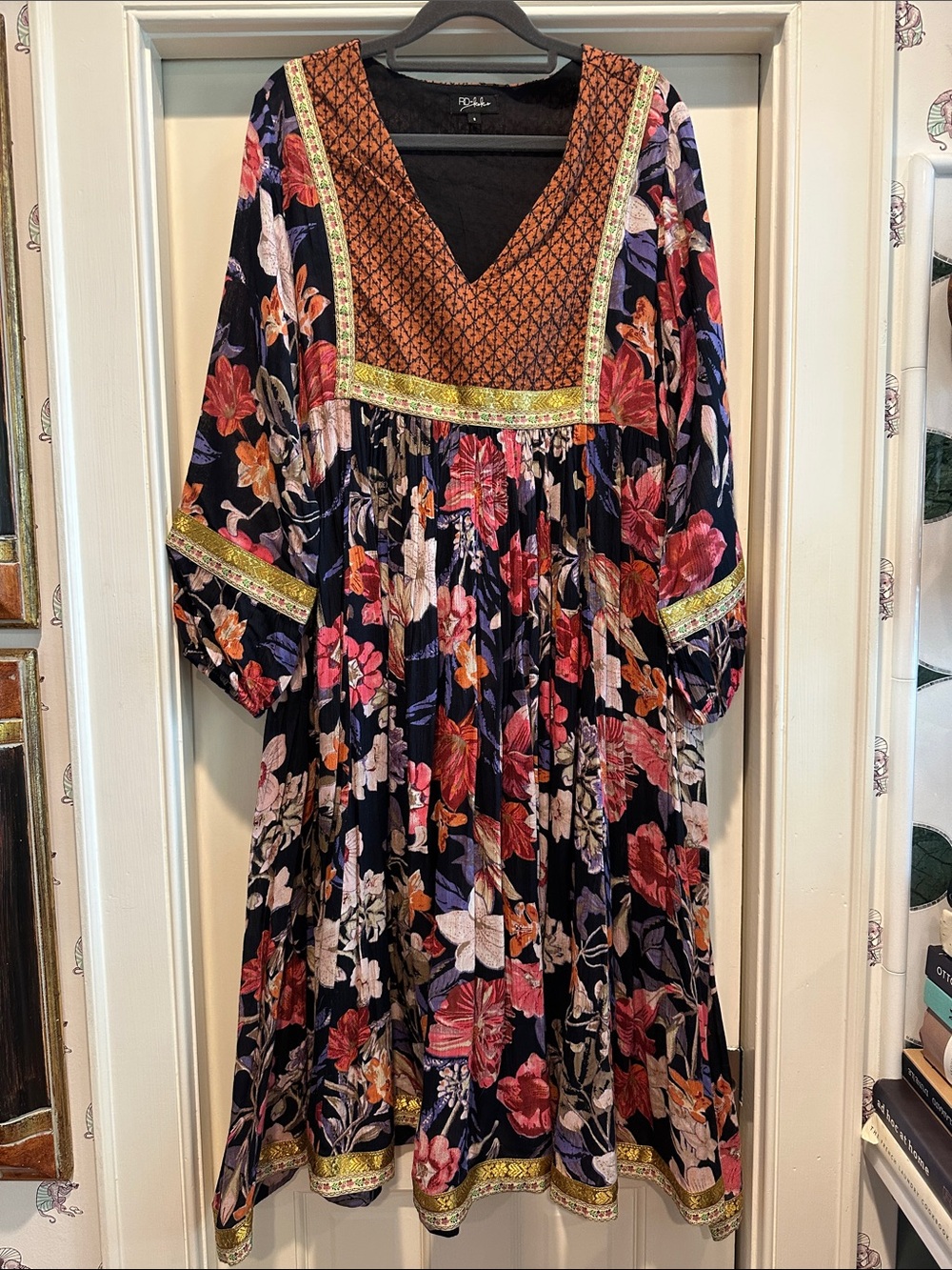 Maje Floral Long-Sleeve Midi Dress with V-Neck